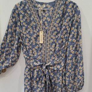 Max Studio Floral V-Neck Belted Midi Dress - Blue & Yellow